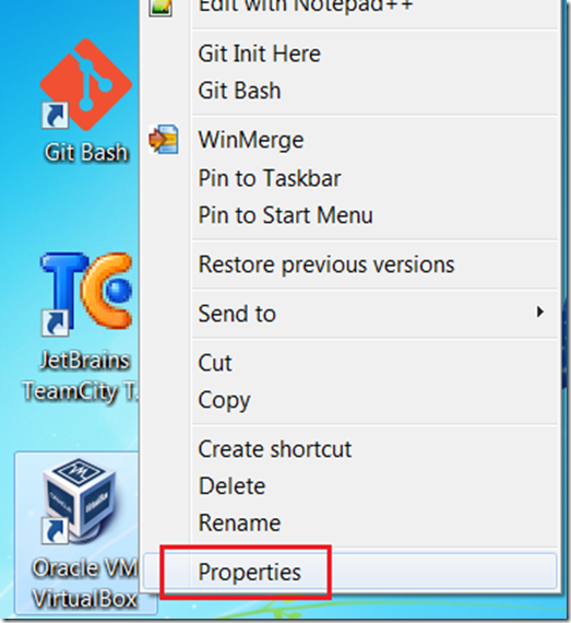 Select Properties on the context menu of Oracle VM VirtualBox Icon
